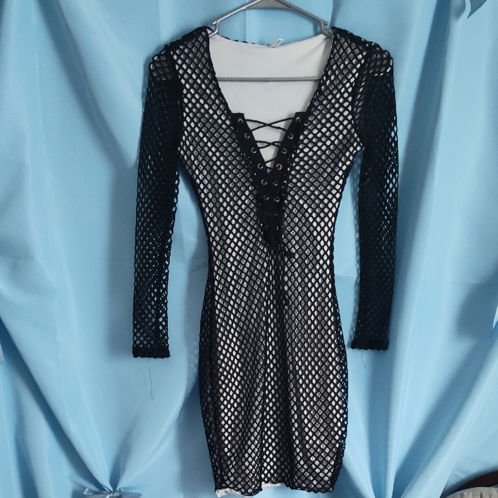 Black Mesh Lace-Up Dress